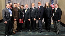 REP. BETTY MCCOLLUM (D-MN-4th) and REP. RICK NOLAN (D-MN-8th), 4th from right, with l. to r., L-647 delegates Derek McPheeters, Luke Voigt, Matt Olsen, and Stacey Bendish; IP Newton Jones; IVP Larry McManamon; Keenan Retterath, L-647; and IR Len Gunderson. 