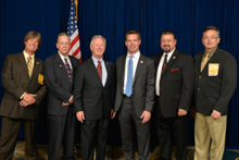Rep. Eric Swalwell (D-CA -15th), third from right, with l. to r. Dave Hoogendoorn, L-549; Mark Sloan, L-549; IP Newton Jones; IVP J. Tom Baca; and Jay Rojo, L-92.