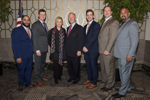 Rep. Carolyn Maloney (D-NY 12th) with, l. to r., L-5’s Moises Fernandez and Chris Donahue; IP Newton Jones; L-5’s Andrew Labeck and Tom Ryan; and IR Miguel Fonseca.