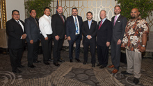 Rep. Ruben Gallego (D-AZ 7th) fourth from right, with, l. to r., Louis Dodson Jr., L-4; Wesley Dale, L-627; Tawn Billy, L-4; Jacob Evenson, L-627; IVP J. Tom Baca; IP Newton Jones; Trent Sorensen, AST-BHPD; and Shane Ferreira, L-627.