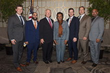 Rep. Yvette Clarke (D-NY 9th), with, l. to r., L-5’s Chris Donahue and Moises Fernandez; IP Newton Jones; L-5’s Andrew Labeck and Tom Ryan; and IR Miguel Fonseca.