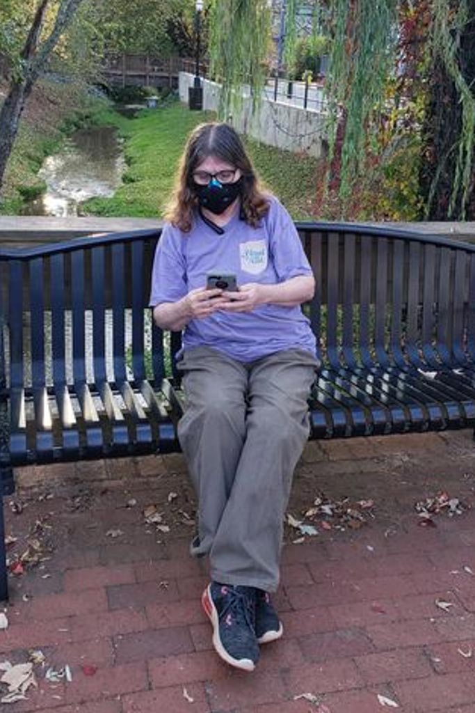 DeAnn Smith, L-456, enjoys the outdoors while she participates in the virtual 2020 Tradeswomen Build Nations via smartphone.